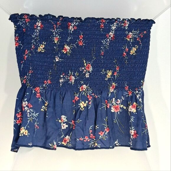 GARAGE Women’s Blue Floral Smocked Crop Tube Top Medium Strapless Peplum - Picture 3 of 8